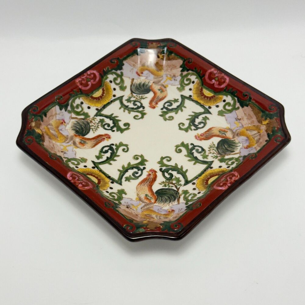 Vintage Chinese Roosters Decorative Square Porcelain Plate Hua Rong Tang